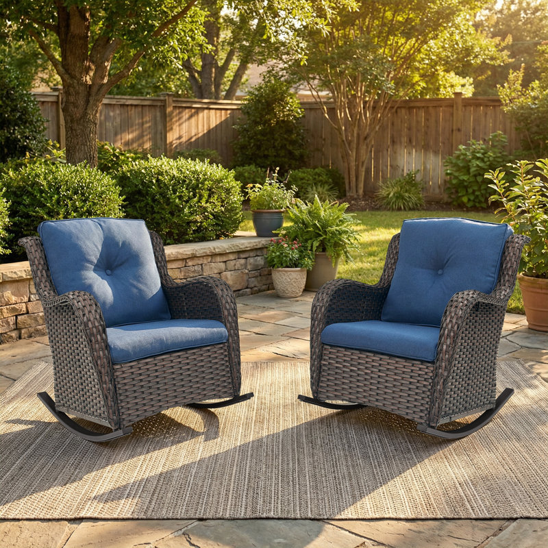 Chaise berçante d'extérieur en osier avec coussins Aralin, Brun, Bleu