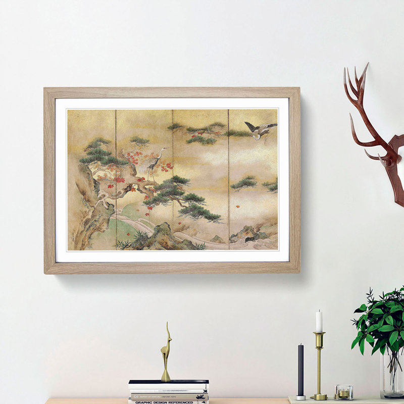 The Cranes Beside a Lake by Hashimoto Gaho - Framed Print, 36cm H x 48cm W x 2cm D, Oak Framed