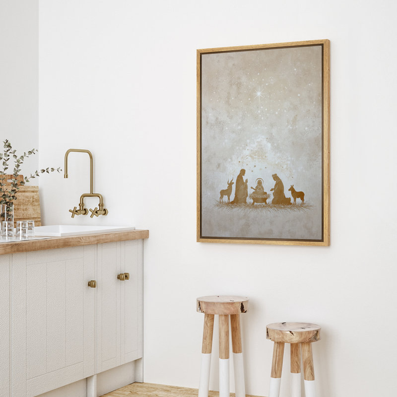 Silhouette de crèche dorée sous un ciel étoilé, scène de Noël spirituelle, reproduction d'art sur toile encadrée, Naturel