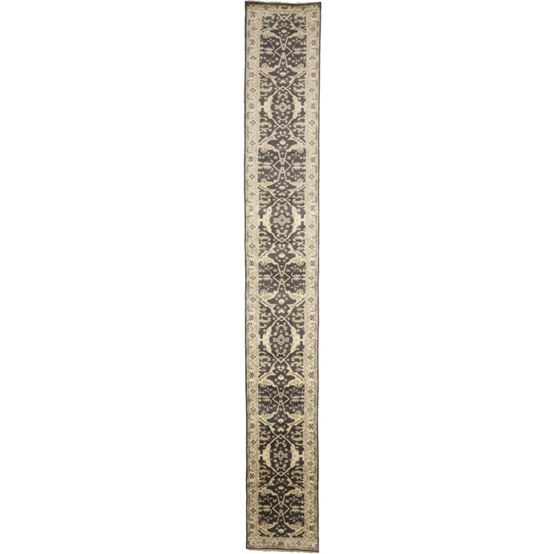 Tapis de couloir brun en laine à motif floral fait à la main 2 pi 6 po x 19 pi 11 po