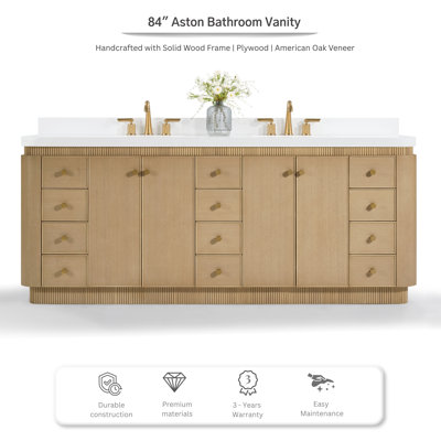 Aston 84" Bath Vanity Set in American Oak Finish with Alpine White Quartz Top