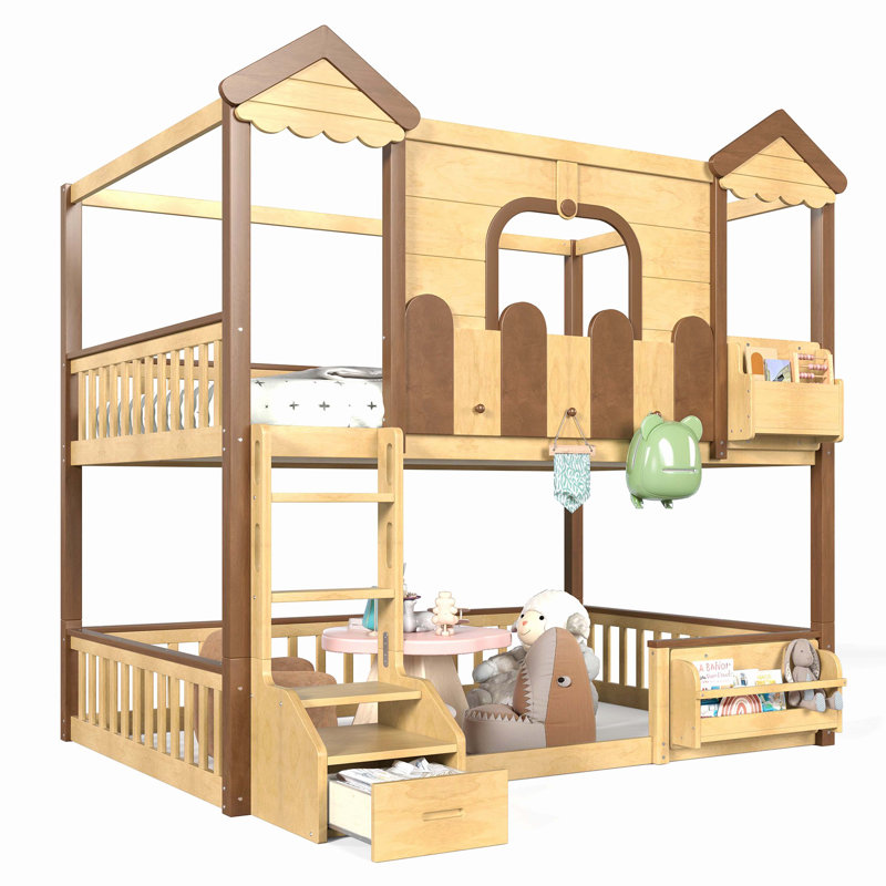 Lit superposé double au-dessus de double en bois massif avec toit, fenêtres, bibliothèque de rangement et tiroirs, conception détachable, naturel