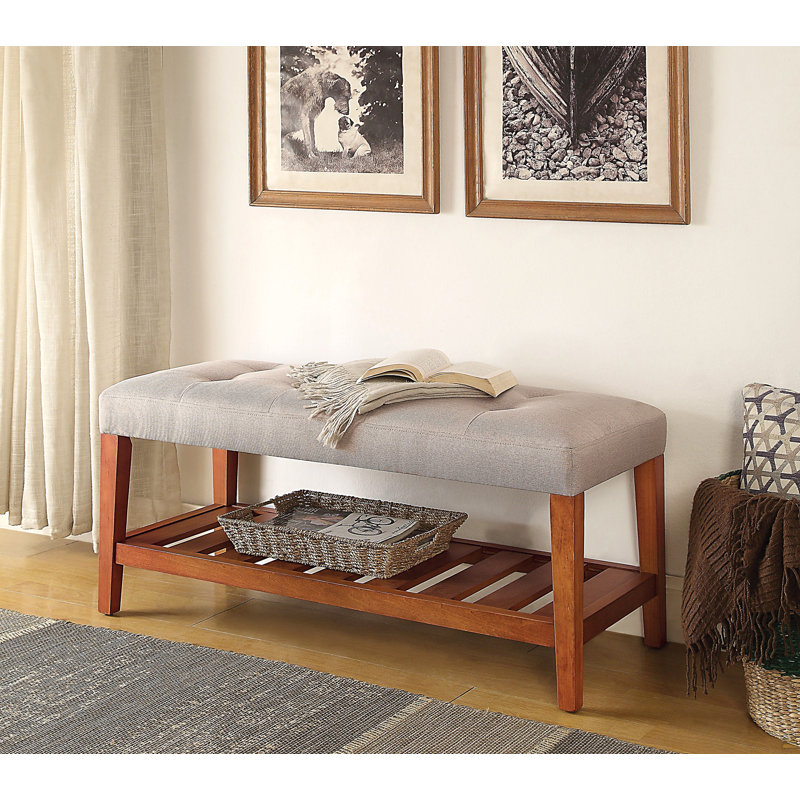 Banc touffeté avec tablette à lattes ouverte et pieds en chêne, Beige