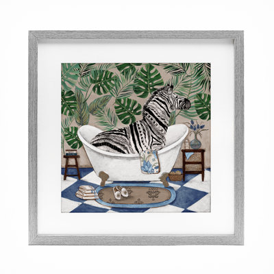 Zèbre dans une baignoire tropicale, reproduction encadrée sous verre, design par Janet Tava