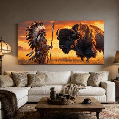 Native American Canvas Wall Art, Sunset Buffalo Indian Decor Picture Prints, Feather Headdress Framed Canvas Artwork Painting for Living Room Office Home Wall Decor, 20×40 Inches