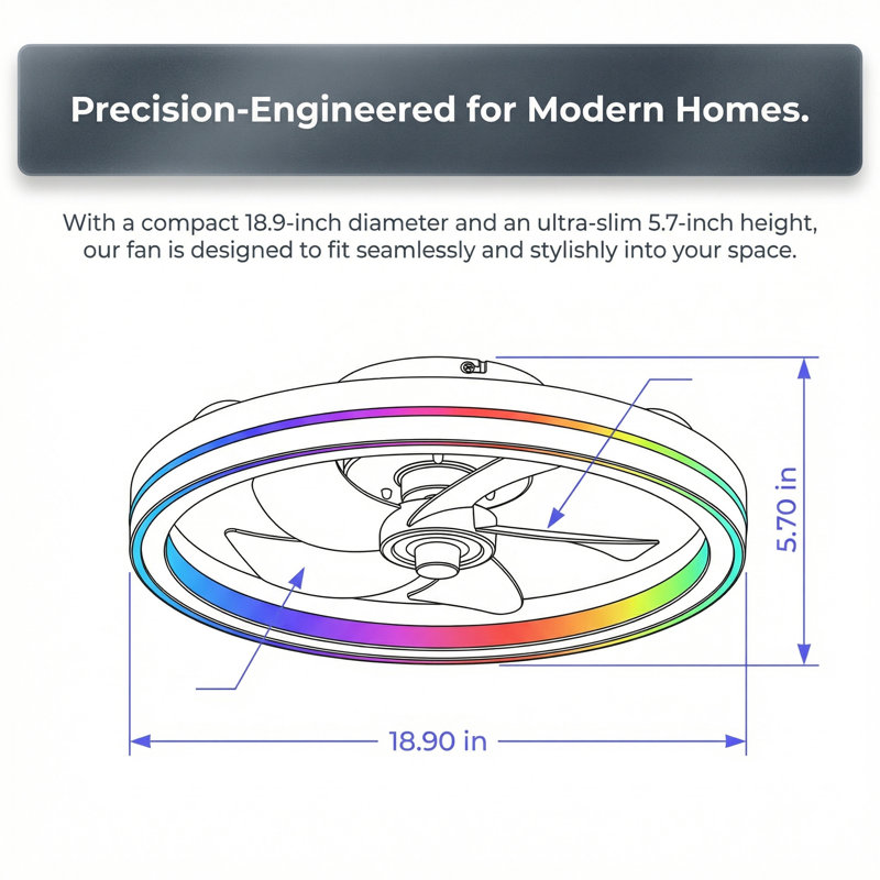 Ventilateur de plafond à DEL intelligent de 19 pouces avec télécommande et contrôle d'application, avec éclairage ambiant blanc à intensité variable; Idéal pour les chambres à coucher, les salons et les cuisines
