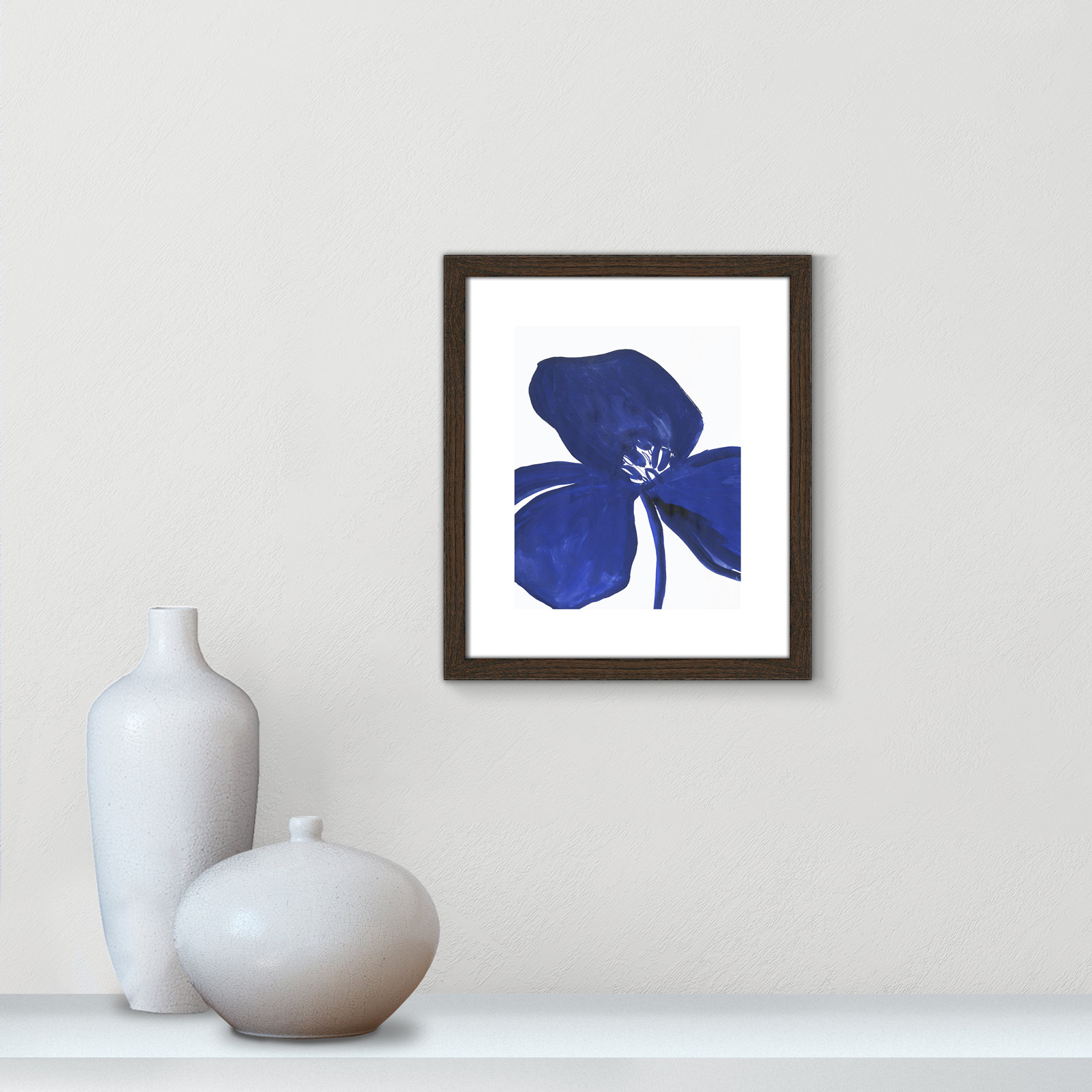 Clarisse "Indigo Petal II" Painting, 15" H x 13" W x 0.75" D, Brown Framed Paper