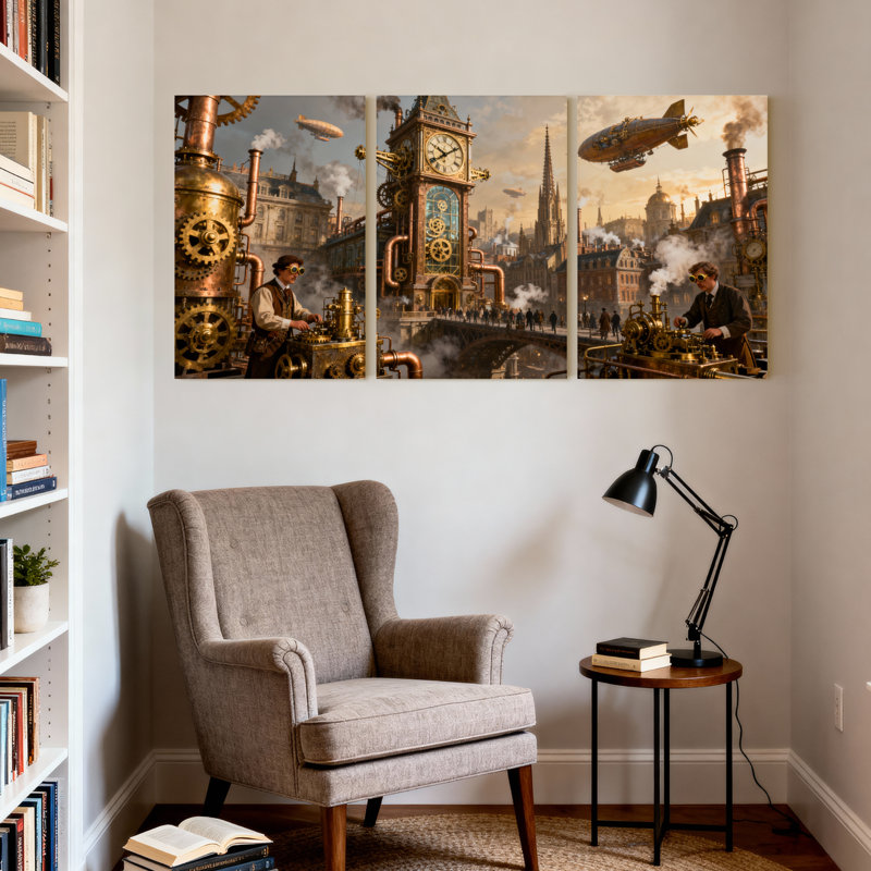 Fantaisie et science-fiction, paysage urbain Steampunk avec tour de l'horloge et dirigeables, ensemble de 3 impressions sur toile