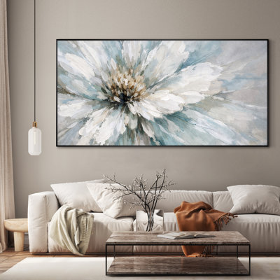 Très grand art mural imprimé sur tissu - Décor de chambre à coucher contemporain bleu et floral - «Assemblage requis (cadre non fini)»