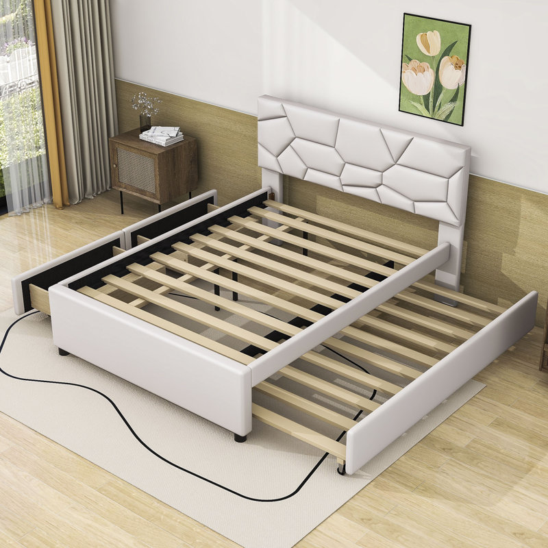 Lit plateforme tapissier avec tiroir et tête de lit Vasila, Double, Beige