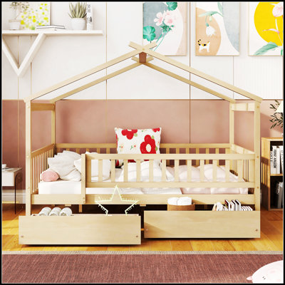 Whimsical Wooden House Bed with Two Drawers for Kids, Perfect for Storage and Imagination