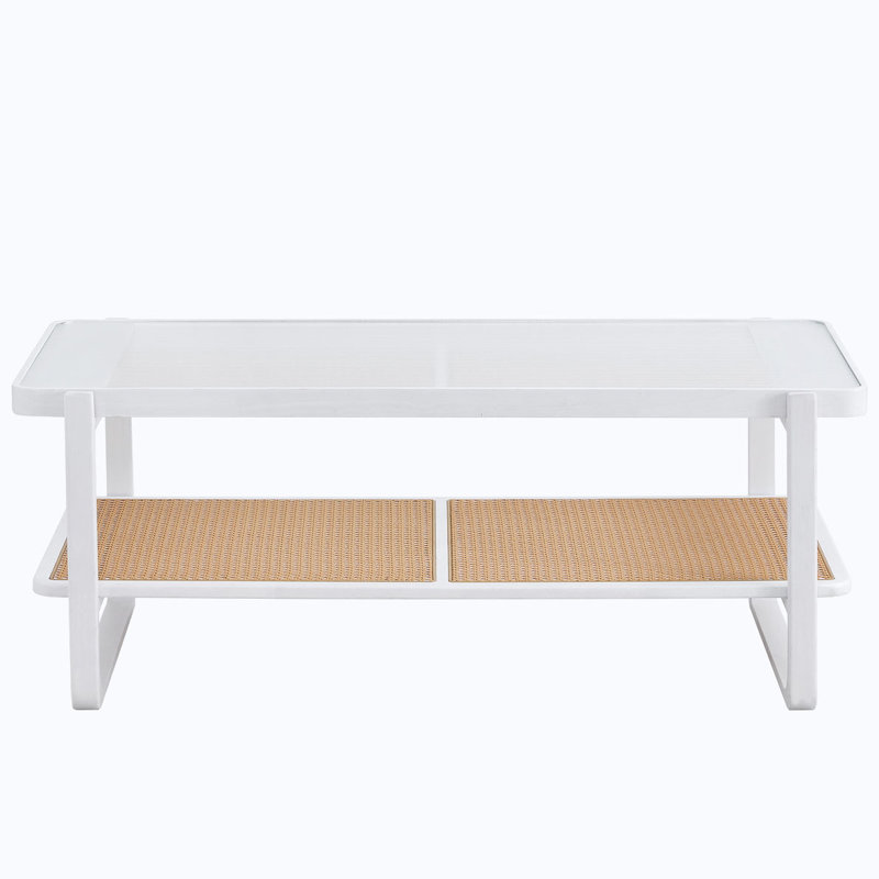 Modern Minimalist Double Layered Coffee Table. Glass Tabletop, Imitation Rattan  Edge Table. Rectangular Table Suitable For Living Room, Dining Room, And Bedroom