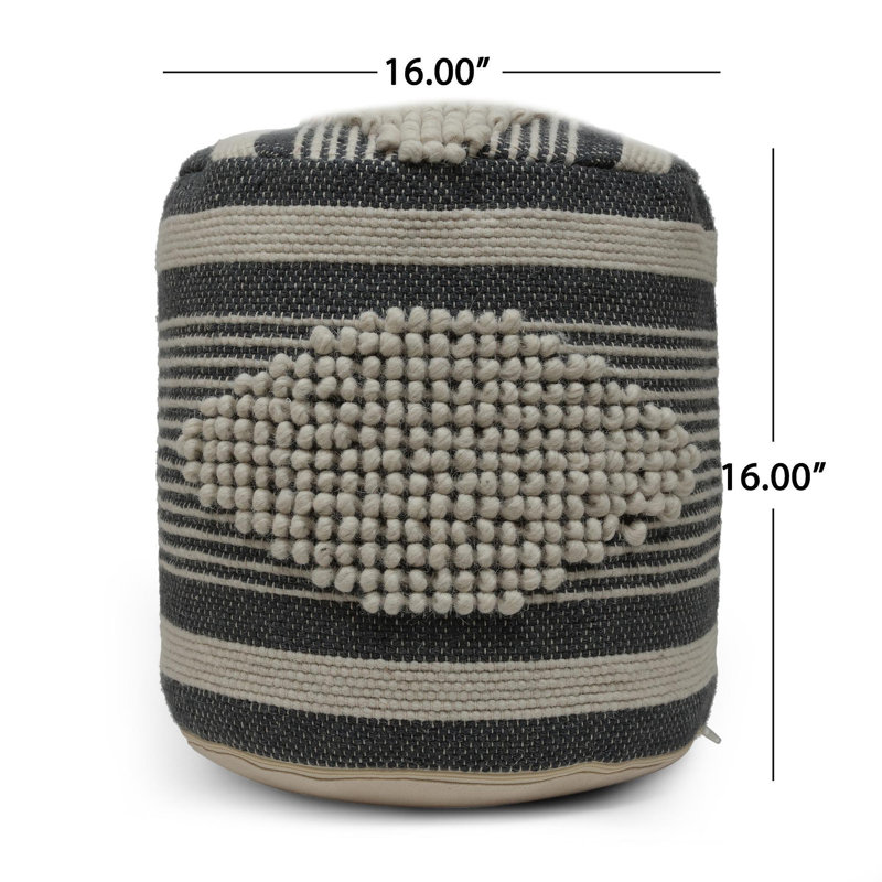 Diamond Handcrafted Fabric Cylindrical Pouf, Beige And Dark Grey, Dawn Gray