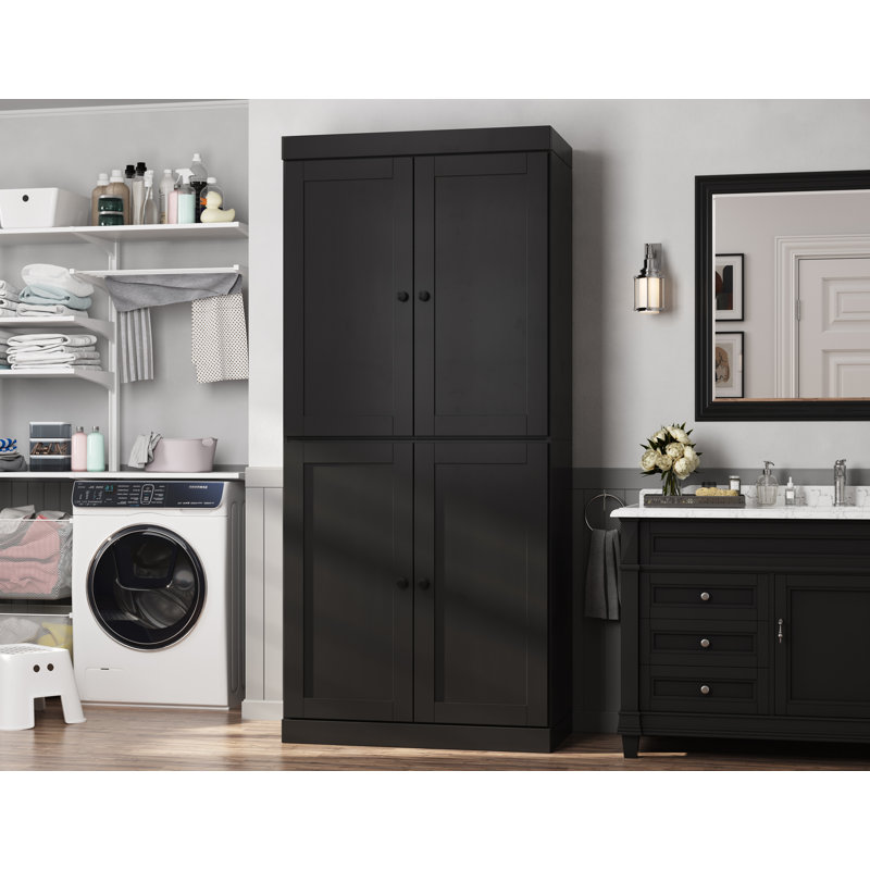 100% Solid Wood 32" Bathroom Storage Cabinet with Shaker Doors, 2-Drawers & Adjustable Shelves, Black