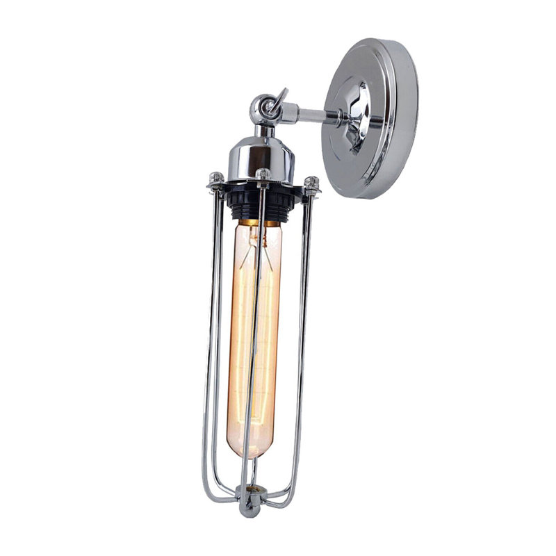 Vintage Industrial Adjustable Cage Wall Sconce – Retro Metal Wire Lamp E27 For Bedroom, Kitchen, Hallway, No, Chrome