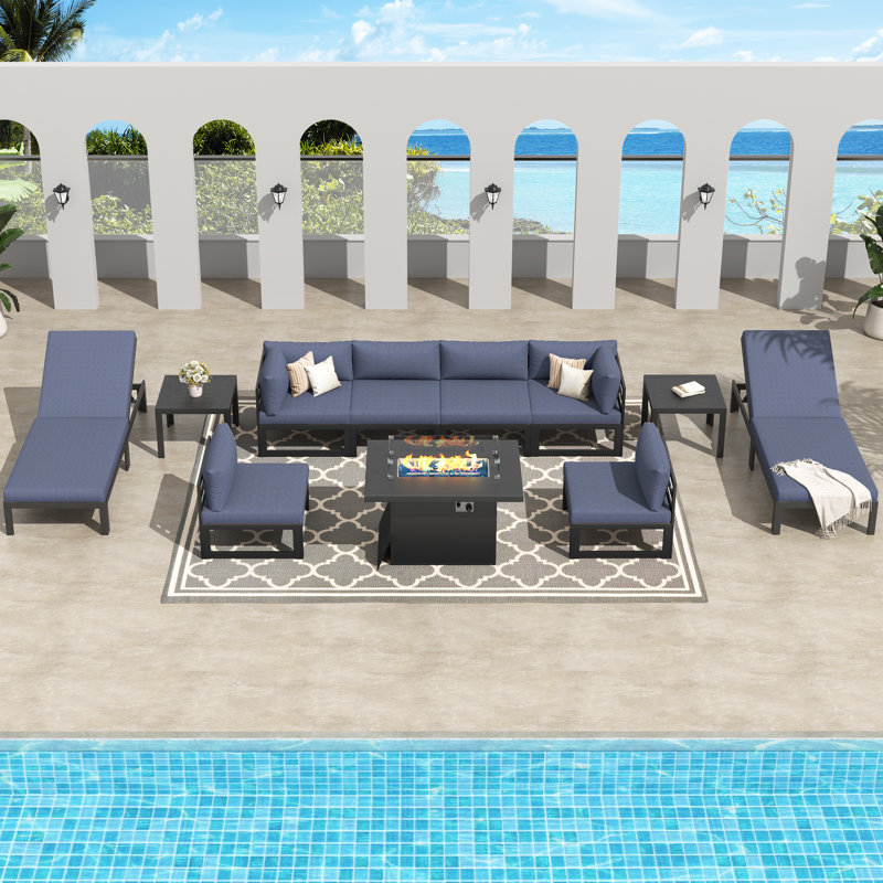 Ensemble modulaire d'extérieur en aluminium pour 8 personnes avec méridienne et coussins Glenita, Bleu denim
