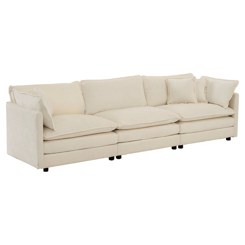Surface de vie en chenille beige, structure en bois et sièges confortables de style Mid-Century moderne - matériau respirant