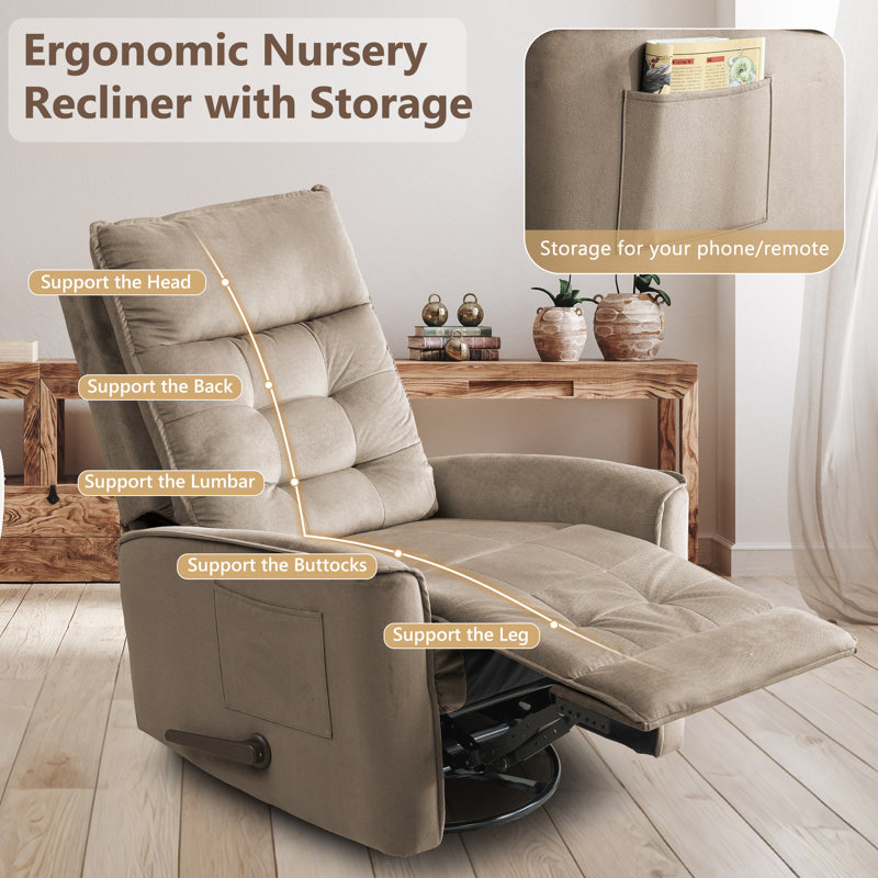 Soft Velvet Recliner Manual Swivel Rocker Recliner For Adults,small Recliners For Small Spaces-Light Brown, Light Brown