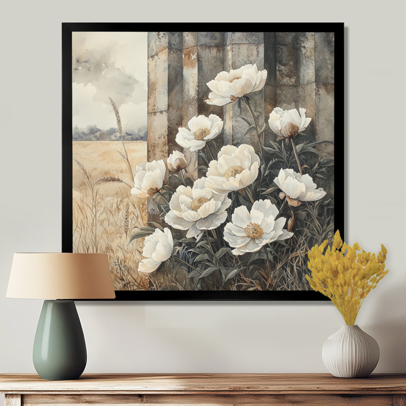 Hiver, pivoines par le silo - pivoines, art mural, H 16 po x l 16 po, Reproduction encadrée d'une seule photo