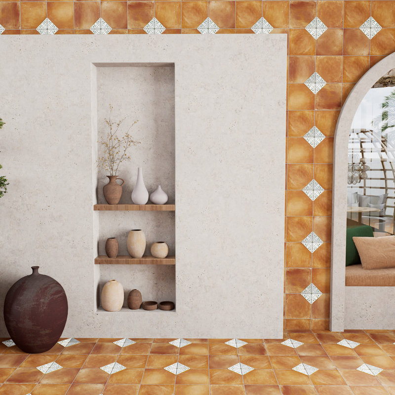 Sentier des Ocres Deco 7.88" x 7.88" Porcelain Spanish Wall & Floor Tile, Brown/White/Green