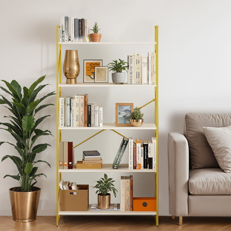 5 Tier Industrial Bookshelf with Metal Frame and Scratch Resistant Shelves, White/Gold