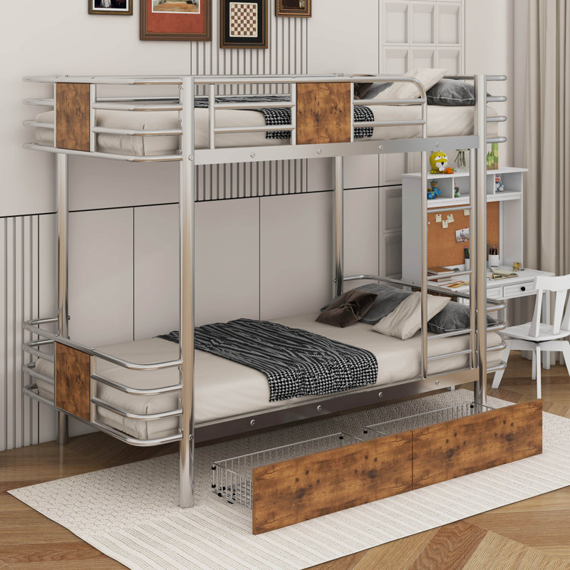 Twin XL Over Twin XL Metal Bunk Bed With Drawers, Silver