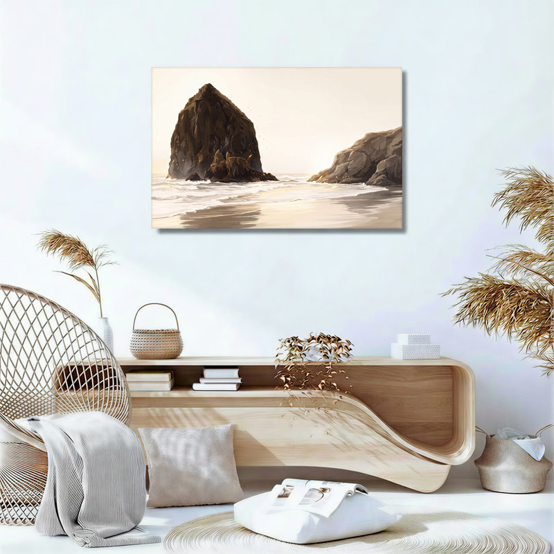 «Tall Rock and Ocean Waves in Soft Golden Light», art mural sur toile, H 24 po x l 36 po
