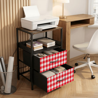 Table de chevet 2 tiroirs avec station de charge, table de chevet pour chambre avec ports USB et amp; «Outlets Open Shelf», table de chevet noire avec motif vichy rouge sans soudure à losanges