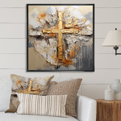 Gold Religious Minimalism Cross On Canvas Print