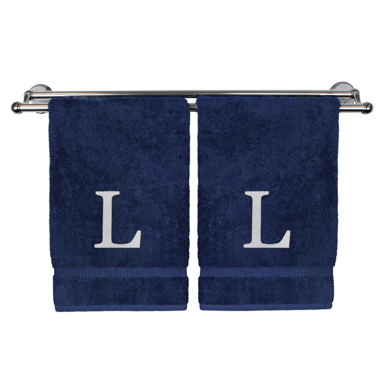 Essuie-mains monogrammés - ensemble de 2 - lettre bloc, Bleu marine/blanc, L