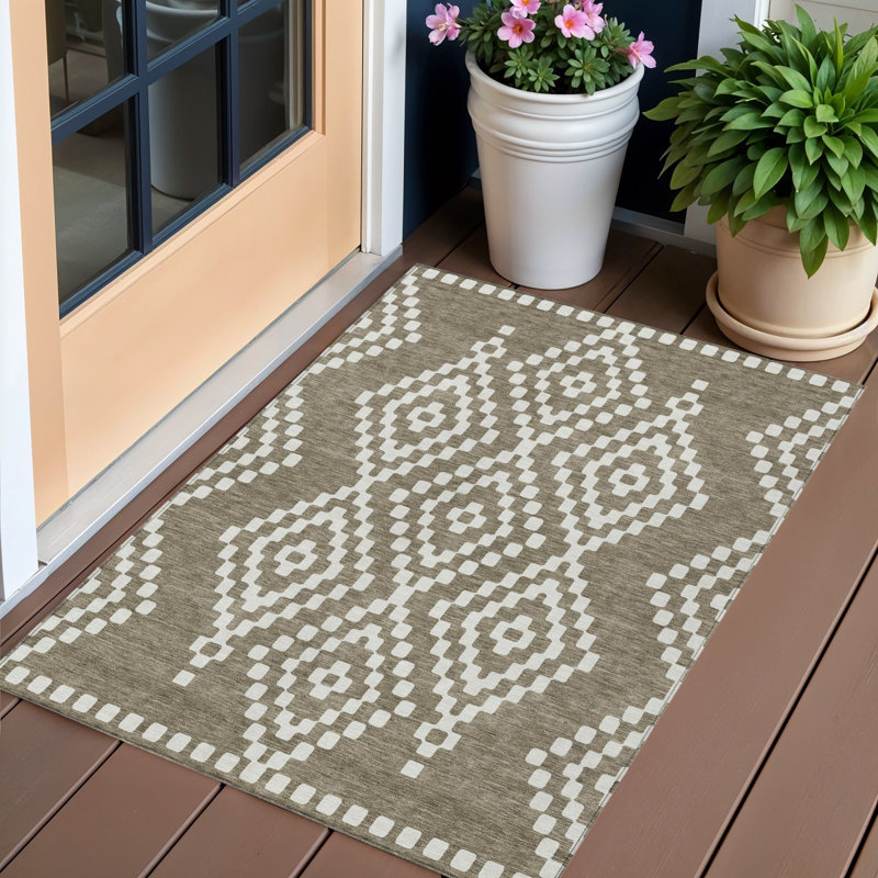 3' X 5' Taupe And Ivory Geometric Washable Indoor Outdoor Area Rug