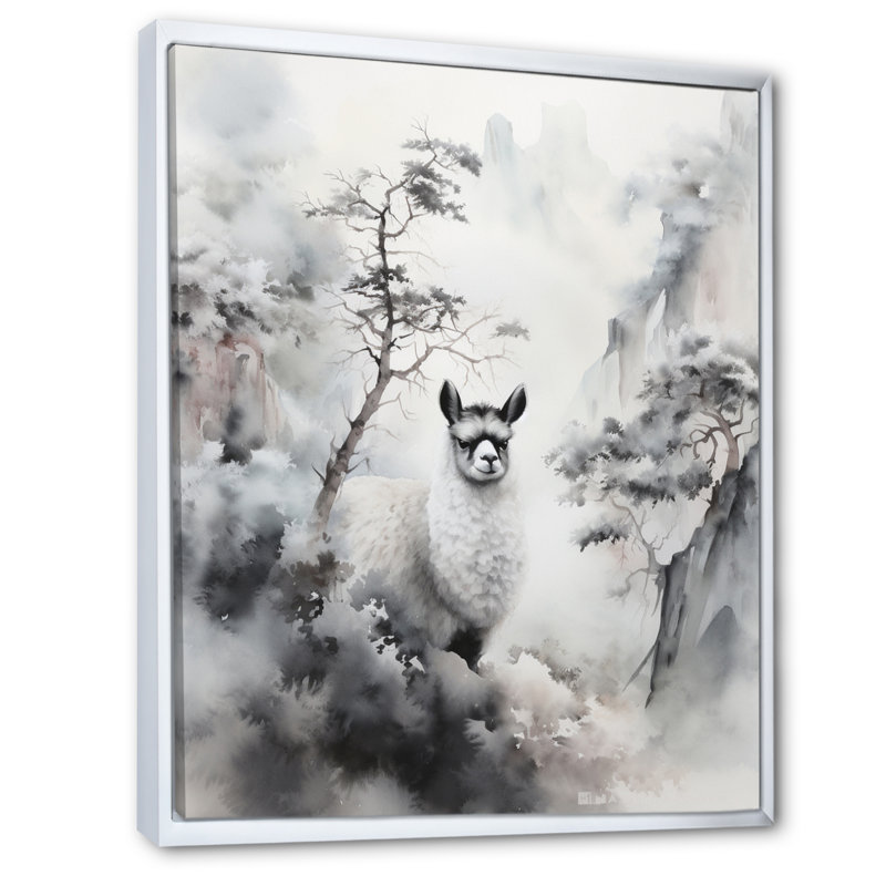 «Asian Art Alpacas Sumi III», reproduction sur toile, H 20 po x l 12 po, Cadre flottant blanc