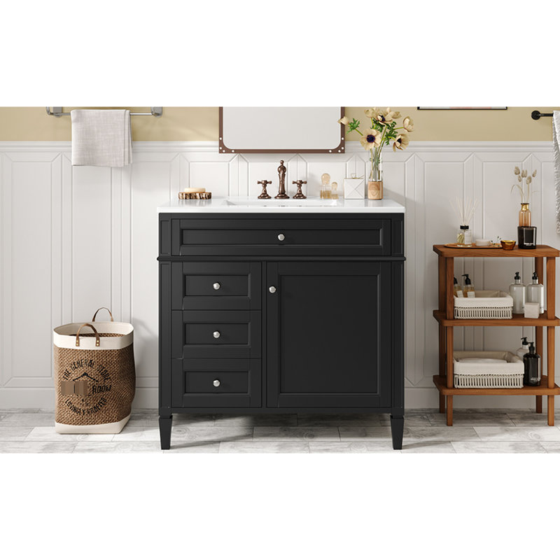 Armoire de salle de bain 36 po avec lavabo, conception moderne. 2 tiroirs et bec basculant. Noir. Espace de rangement pour les meubles-lavabos essentiels. Espace de rangement abondant