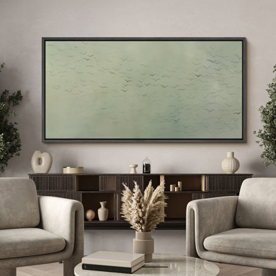 Volée d'oiseaux dans le ciel, toile encadrée - Art vert minimaliste doux inspiré de la nature
