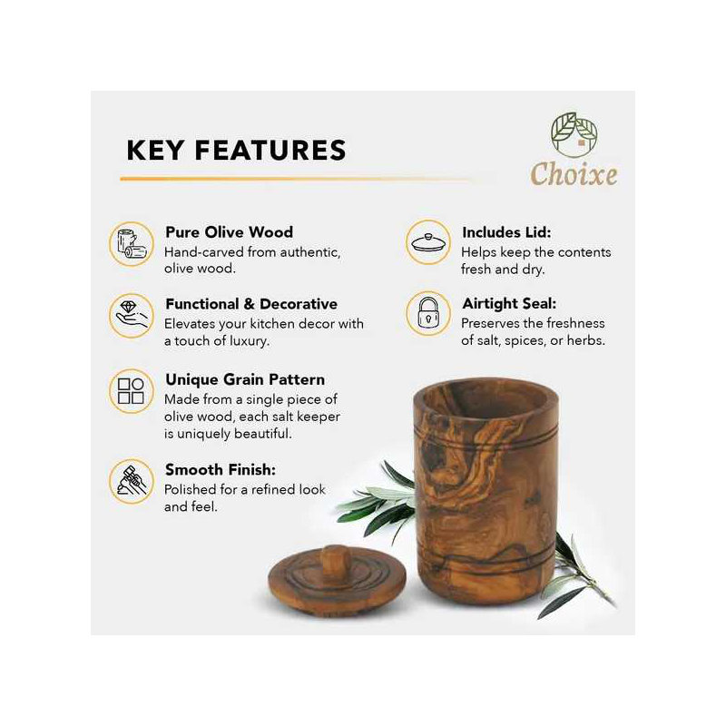 Olive Wood Spice Jar Salt Keeper w/Lid