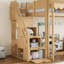 Lit mezzanine pour enfants (deux lits simples superposés) avec escalier de rangement, en bois massif, avec comptoir de supérette factice et espace sous le lit convertible pour dormir ou jouer.