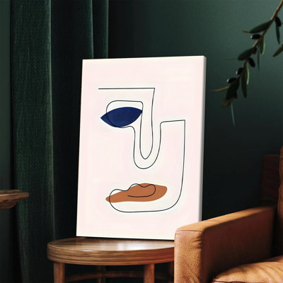 Affiche murale encadrée (1 pièce), style minimaliste abstrait, dessin au trait moderne représentant un visage avec un œil bleu marine et des lèvres couleur terre cuite. Décoration contemporaine pour salon, chambre ou bureau. Impression d'art minimaliste.