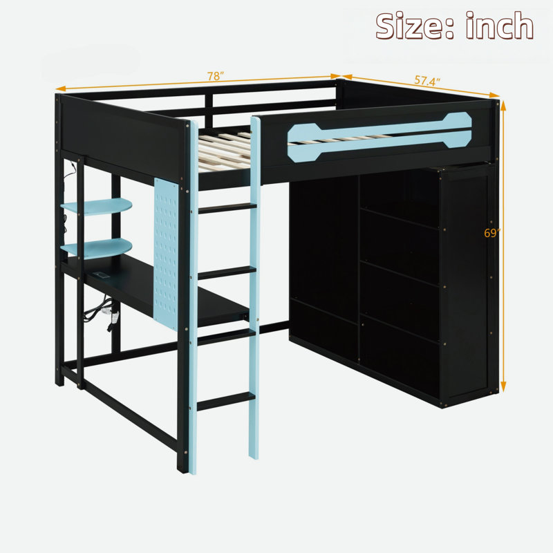 Lit mezzanine en bois avec bureau, garde-robe ouverte et lumière RVB, Bleu / Noir