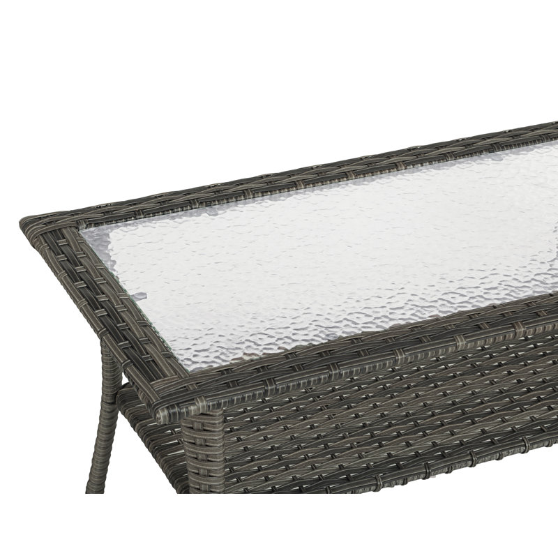 Table d'extérieur en osier avec plateau en verre, Gris