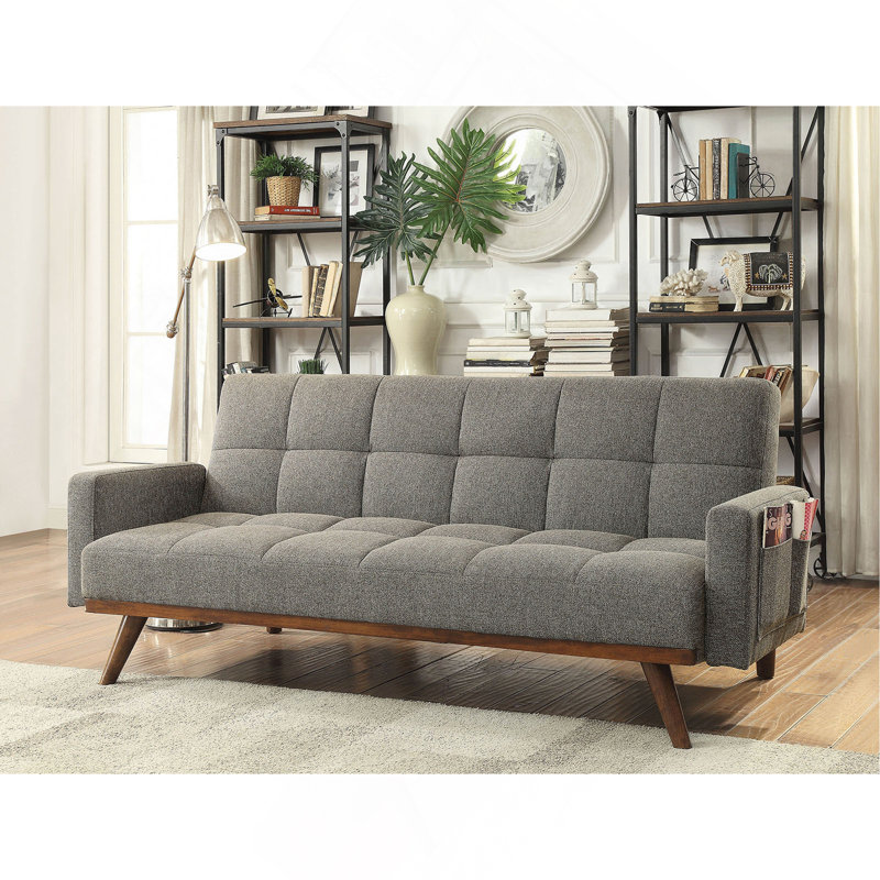 Canapé de couleur grise convertible en lit capitonné en tissu de lin, pieds en angle, poches latérales, canapé 1pc
