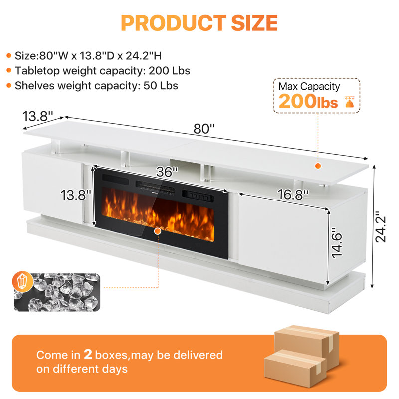 Smart Fireplace Tv Stand For 80/90 Inch Tvs, With Wi-Fi & App Control, Multi-Color Led Lights, Modern Electric Fireplace Tv Console For Living Room