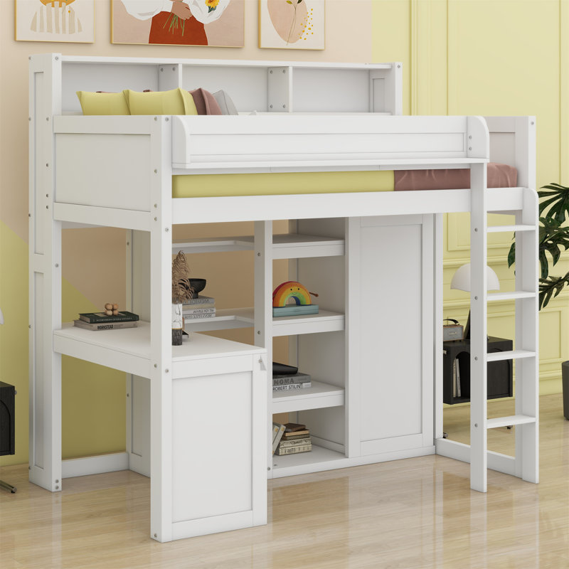 Lit mezzanine en bois avec plusieurs tablettes de rangement et garde-robe, Blanc