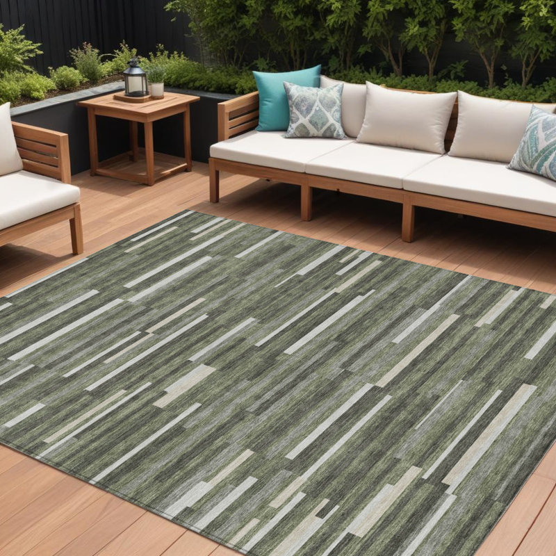 Tapis extérieur lavable rayé vert olive et ivoire 10 pi x 14 pi