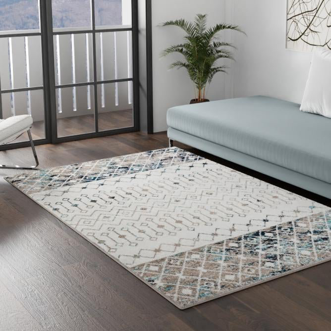 Tapis abstrait en polypropylène tissé à la machine Briehn en ivoire / gris / bleu, Carré 3 pi 3 po