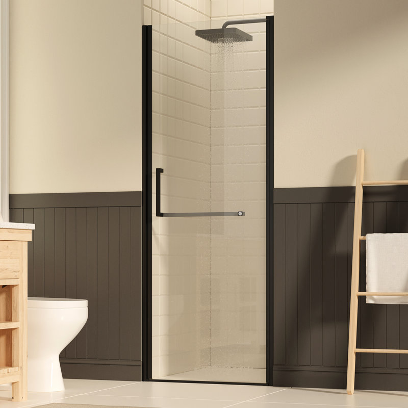 Porte de douche pivotante de 72 po de hauteur, 27 à 28 po de largeur, noir mat, installation réversible, revêtement nano, convient aux coins de salle de bain étroits