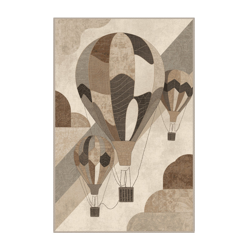 Machine Washable Vehicles And Transportation Hot Air Balloon Bohemian Patchwork Rug in Beige – Beige Binding, 3x5