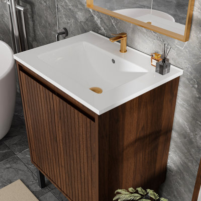 Meuble-lavabo moderne de 24 pouces, fixé au mur ou au sol, lavabo en céramique lisse, meuble-lavabo facile à assembler avec lavabo intégré, conception sur pied, fonctionnement silencieux, grand rangement pour serviettes de table