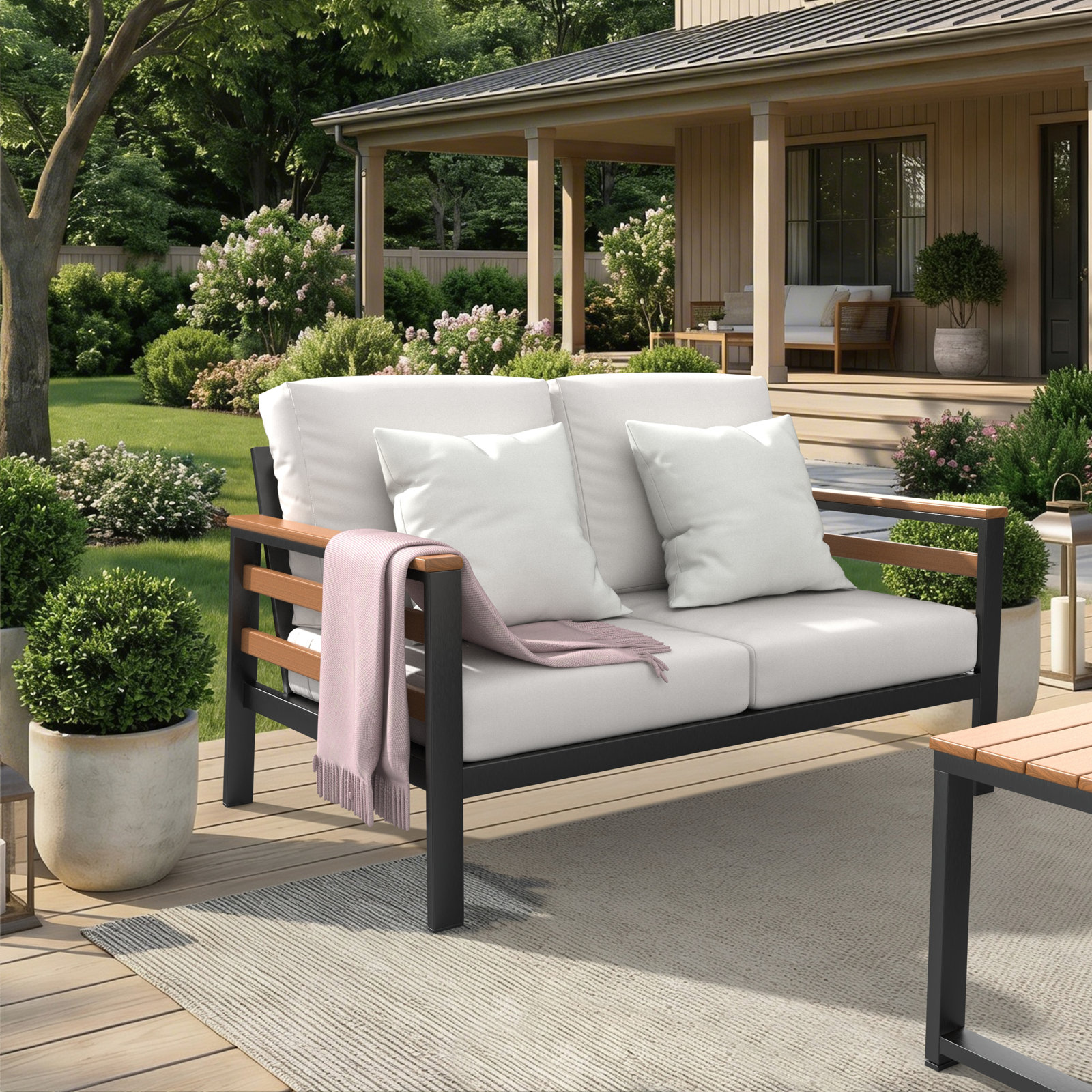 Townsend 55" Sunbrella® Patio Loveseat, Sunbrella Canvas Natural, Brown/Dark Gray