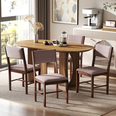 Modern Dining Chairs Set of 4, Linen Fabric Upholstered Kitchen Chairs with Rubberwood Legs for Dining Room, Living Room, Brown and Light Brown