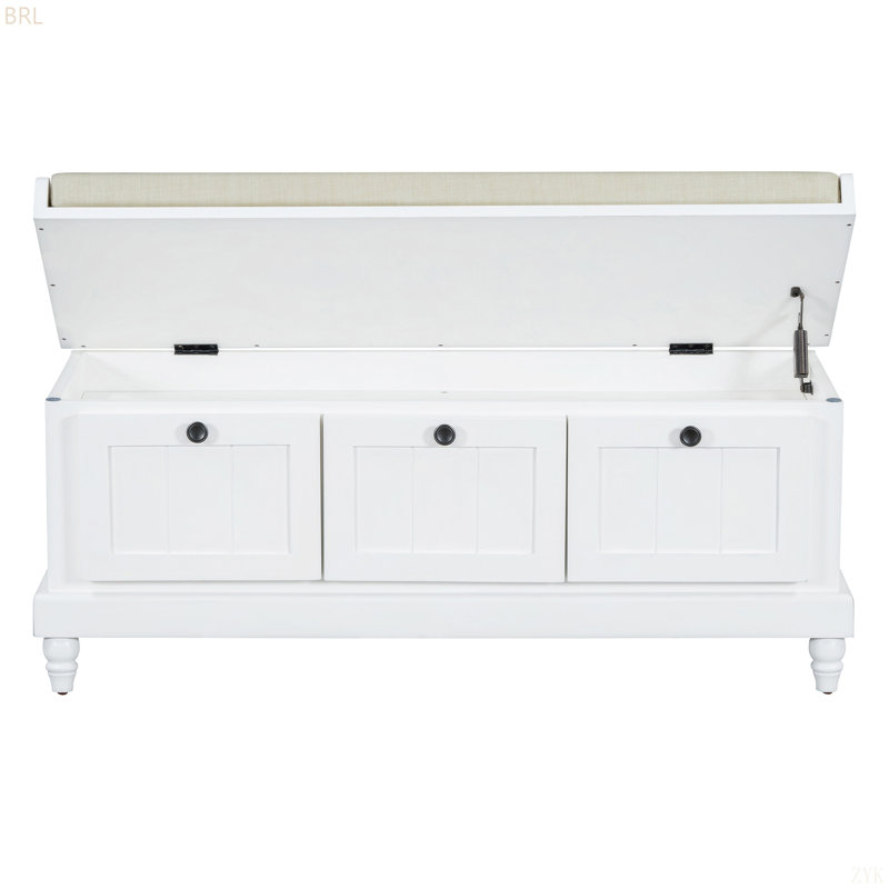 TREXM Classic Shoe Bench With Cushion And Three Drawers, Fluted Entryway Bench With Storage For Living Room, Entryway, And Hallways